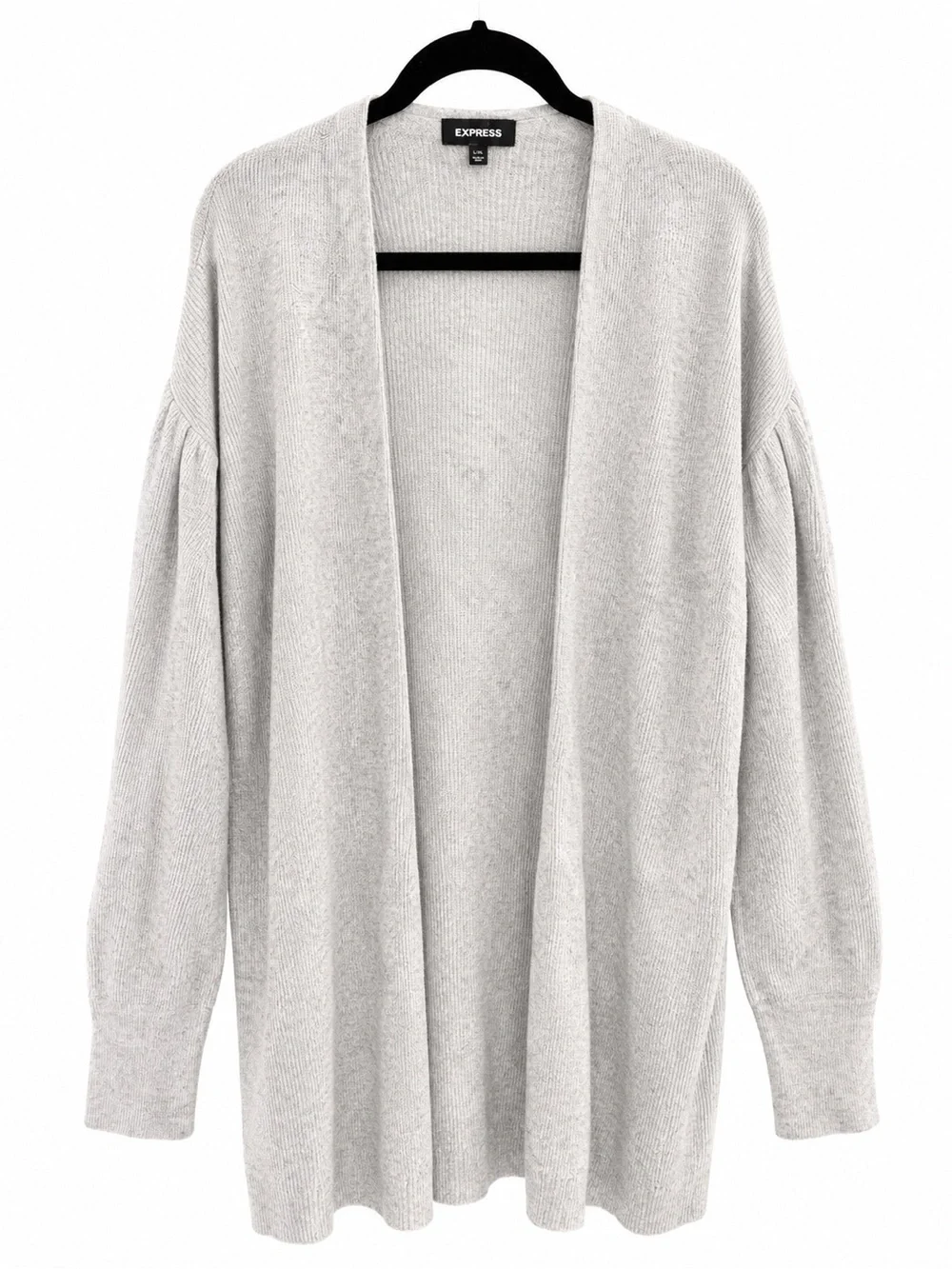 Express Open-Front Light Gray Cardigan with Puff Sleeves